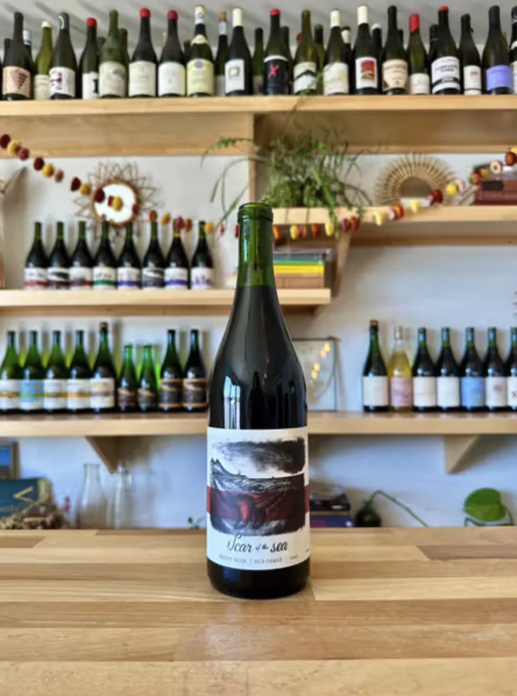 A bottle of Scar of the Sea SLO Coast 2025 Pinot Noir, on a wooden bar counter with rows of wine in the background, sold at Browns Valley Market in Napa, California